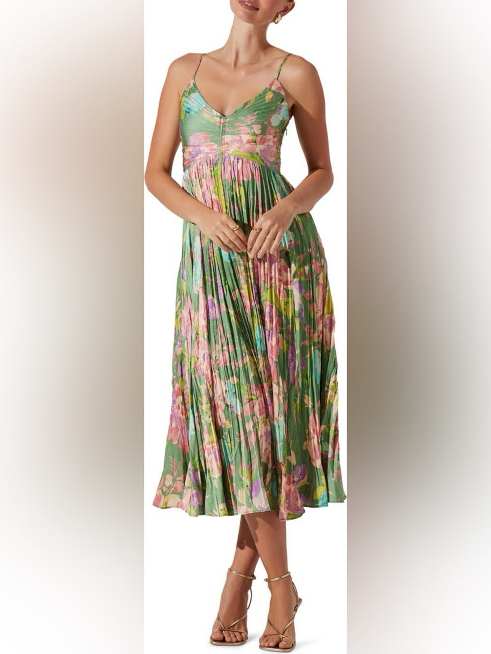 Astr Green Floral Pleated Midi Dress with Pink Accents
